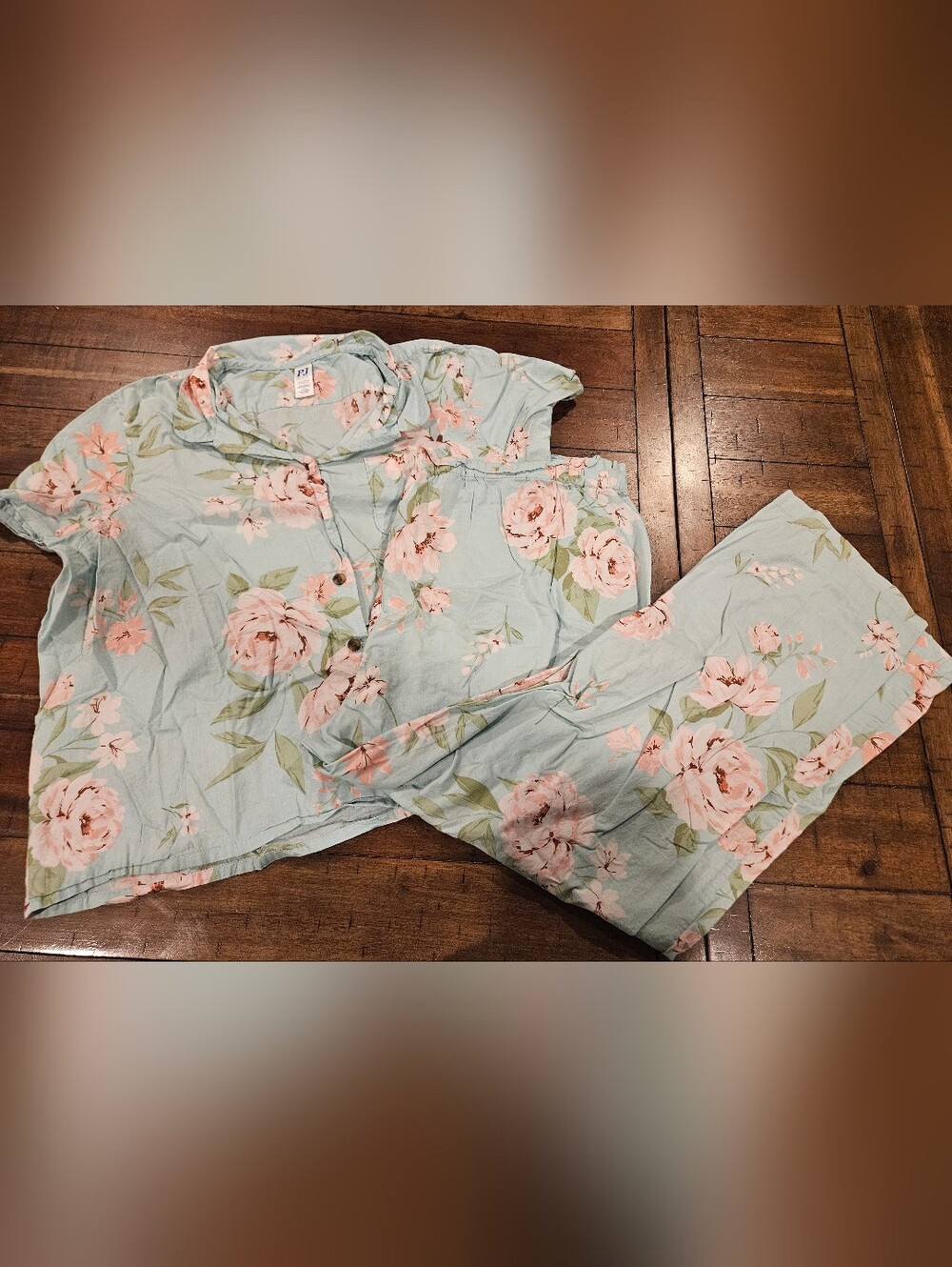Floral Cotton Women's Pajama Set - Light Blue with Pink Flowers - Size XXXL